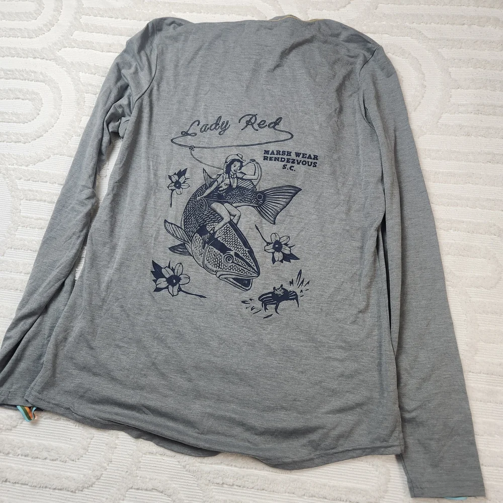 Marsh Wear UPF 40 Gray Hooded Long Sleeve Shirt with Fish Graphic Womens Small - Picture 5 of 8